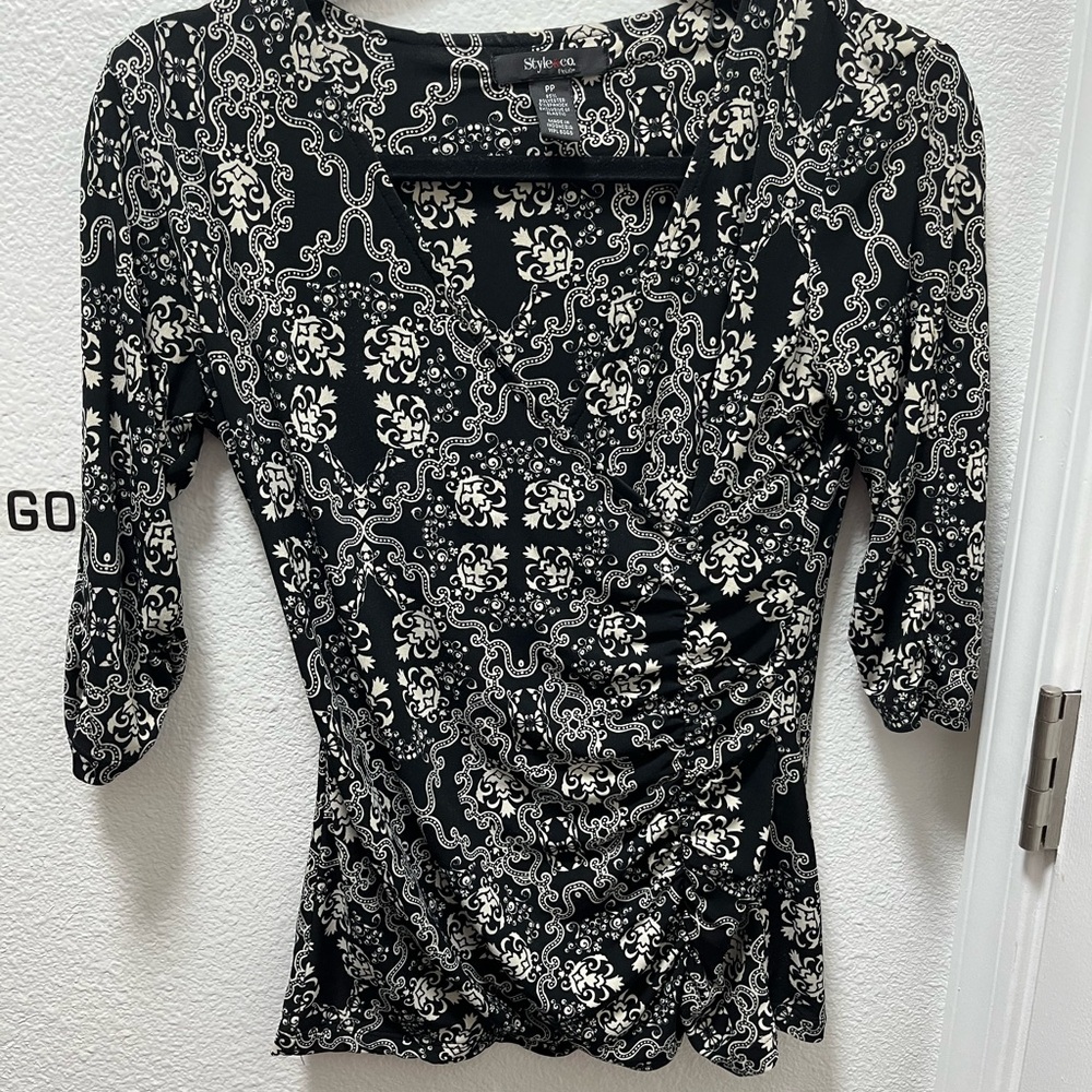 Style & Co. Black and Cream Patterned Blouse